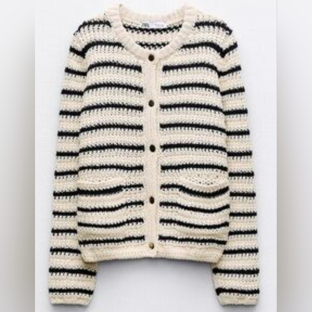 Zara Dark Navy and Cream Striped Cardigan